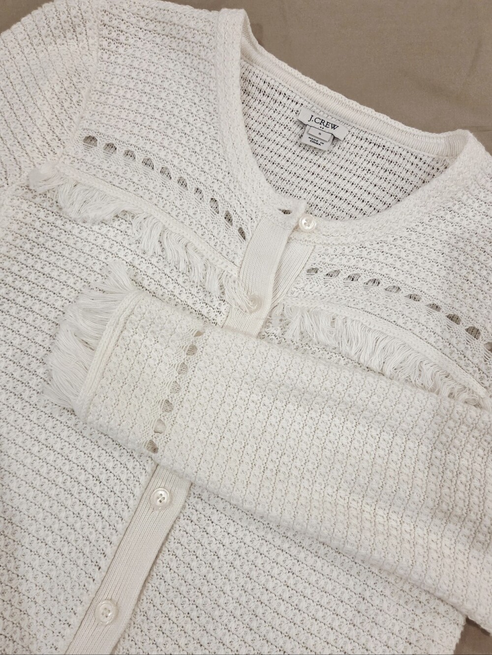J.Crew Factory 100% Cotton Fringe Open Knit Cardigan Women’s S Ivory